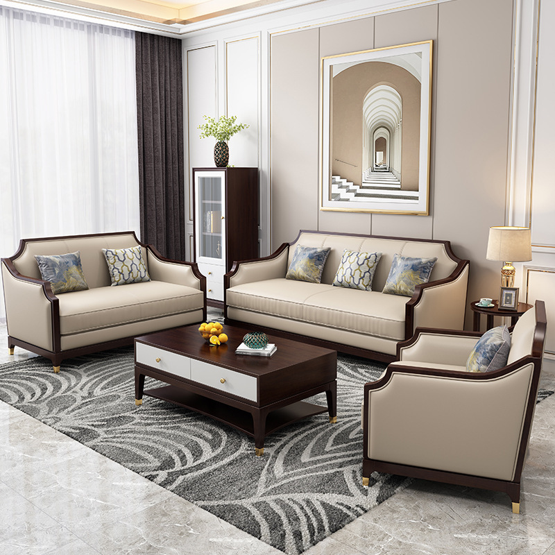 American furniture light luxury solid wood leather sofa 1+2+3 combination sofa American furniture light luxury solid wood leather sofa 1+2+3 combination sofa