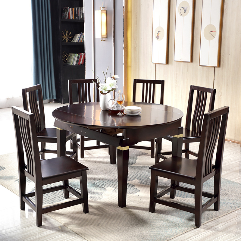 新中式家具 橡胶木实木餐桌椅组合一桌四椅六椅伸缩餐厅 新中式家具 橡胶木实木餐桌椅组合一桌四椅六椅伸缩餐厅