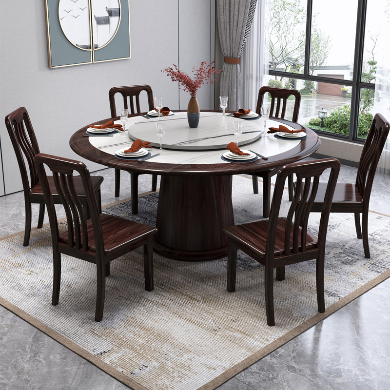 新中式家具 胡桃木实木餐桌椅组合岩板圆桌 新中式家具 胡桃木实木餐桌椅组合岩板圆桌