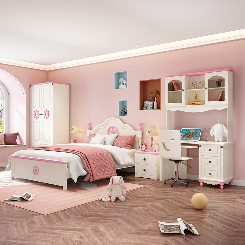 儿童家具 儿童床男女孩卧室实木单人床地中海清新粉色 儿童家具 儿童床男女孩卧室实木单人床地中海清新粉色