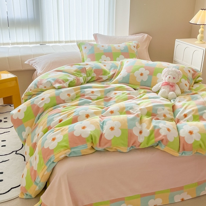 家居家纺 高克重印花牛奶绒花边四件套