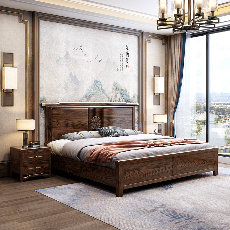 新中式家具 实木床双人床主卧家用画纹床 新中式家具 实木床双人床主卧家用画纹床