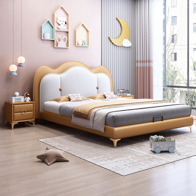 儿童家具 全实木儿童床真皮床 卡通云朵男生床