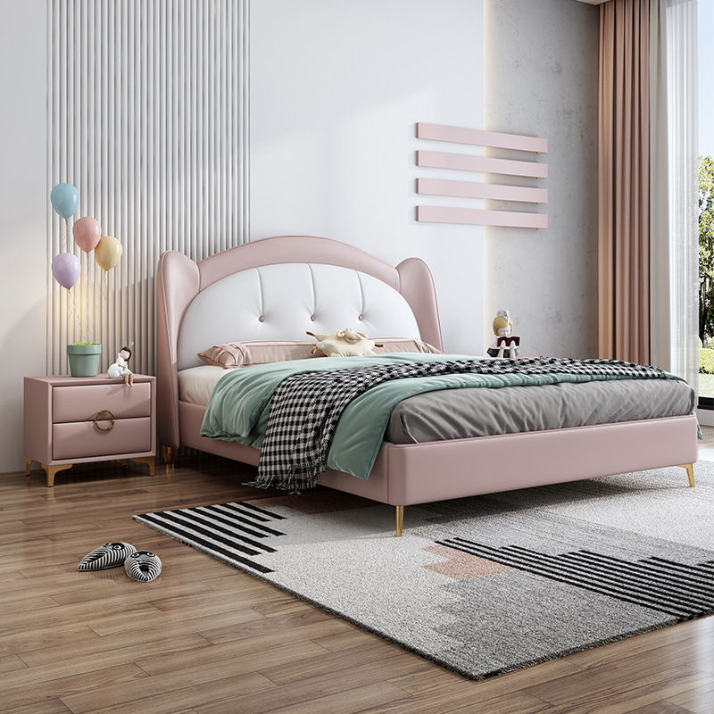 儿童家具 北欧轻奢真皮床科技皮床 粉色公主床软体床 儿童家具 北欧轻奢真皮床科技皮床 粉色公主床软体床