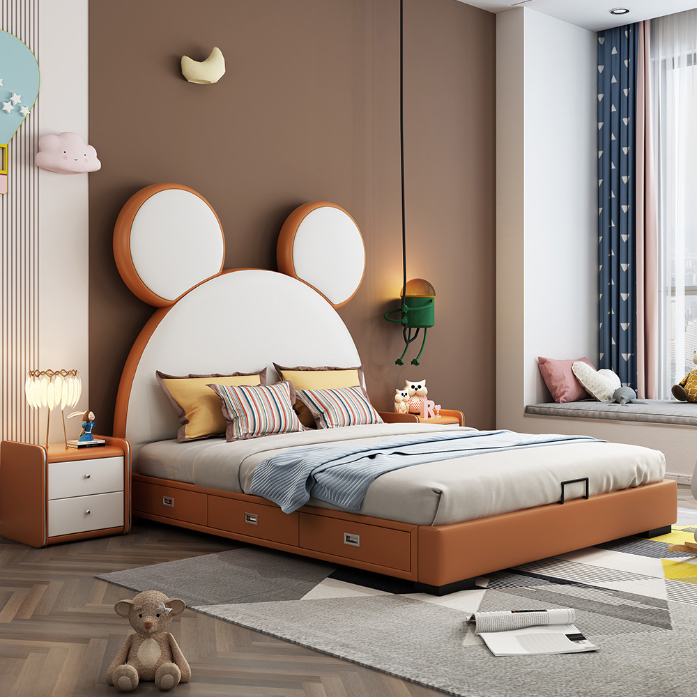 儿童家具 真皮儿童床全实木框架 简约现代卡通卧室童床 儿童家具 真皮儿童床全实木框架 简约现代卡通卧室童床