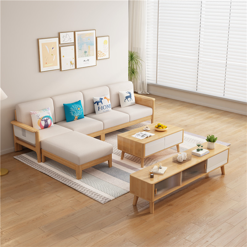 北欧家具 橡胶木实木沙发带脚踏 轻奢简约组合布艺沙发 北欧家具 橡胶木实木沙发带脚踏 轻奢简约组合布艺沙发