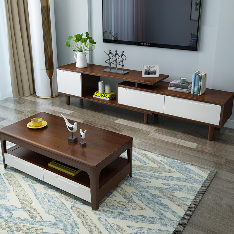 Nordic furniture solid wood TV cabinet tea table combination of modern simple cabinet telescopic film and television cabinet Nordic furniture solid wood TV cabinet tea table combination of modern simple cabinet telescopic film and television cabinet