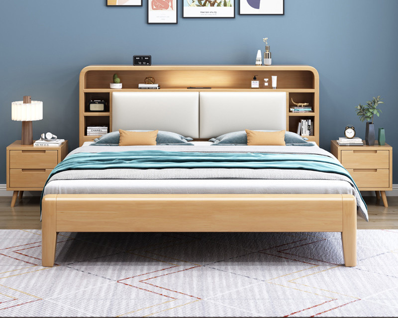 Nordic furniture Nordic solid wood bed bedroom with night light simple small apartment high box storage large bed Nordic furniture Nordic solid wood bed bedroom with night light simple small apartment high box storage large bed