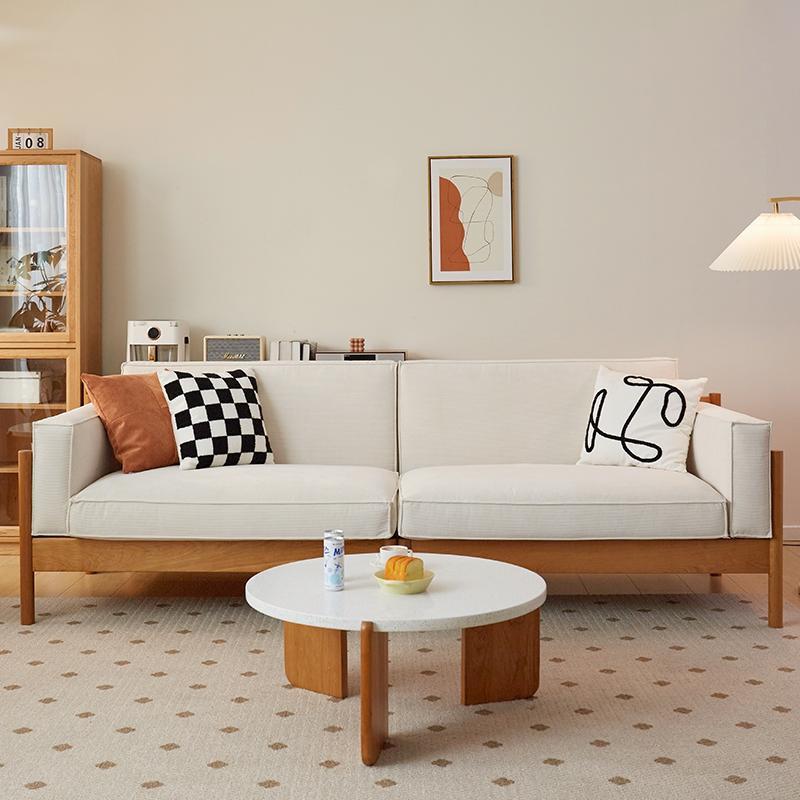 Nordic furniture log wind solid wood sofa cream wind modern beancurd block fabric sofa Nordic furniture log wind solid wood sofa cream wind modern beancurd block fabric sofa