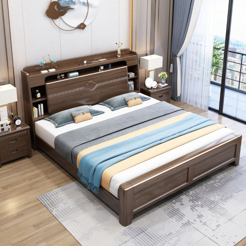 Chinese walnut solid wood bed new Chinese master bedroom furniture high box storage wedding bed Chinese walnut solid wood bed new Chinese master bedroom furniture high box storage wedding bed