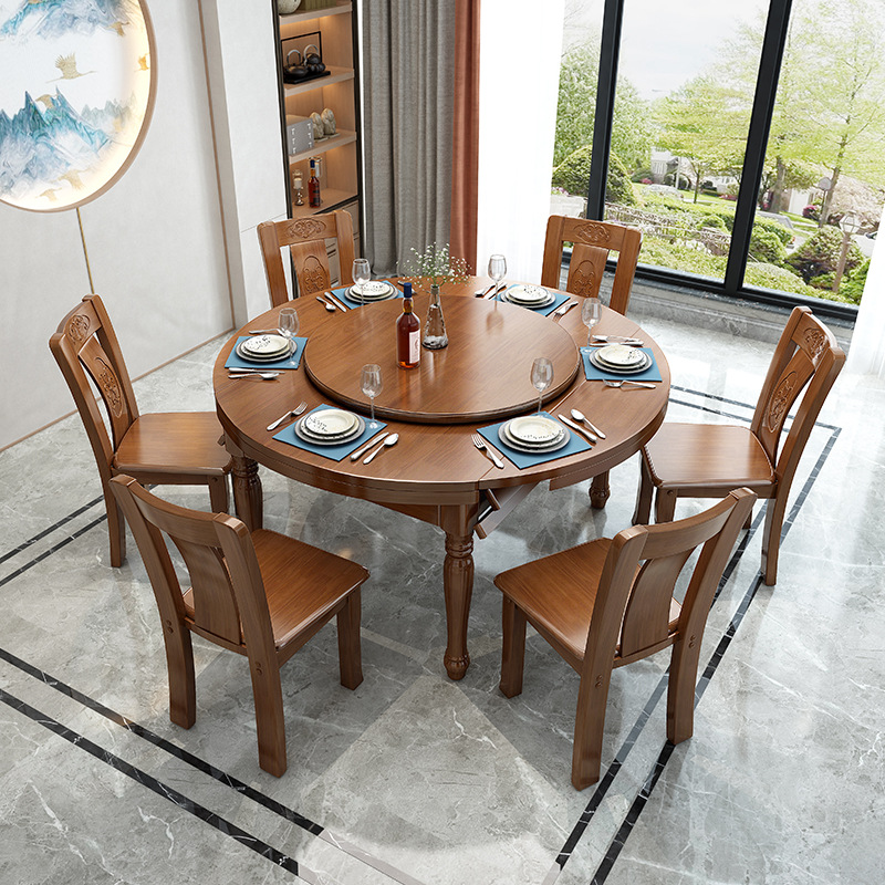 Chinese furniture all solid wood round table telescopic folding round dining table and chair combination Chinese furniture all solid wood round table telescopic folding round dining table and chair combination