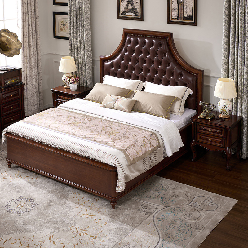 American furniture all solid wood leather headboard layer cowhide soft bag double bed American furniture all solid wood leather headboard layer cowhide soft bag double bed