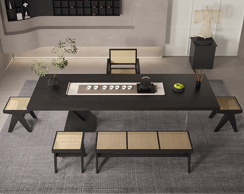 Tea table wabi-Sabi solid wood tea table Simple carbonized black ash wood large board tea table Tea table wabi-Sabi solid wood tea table Simple carbonized black ash wood large board tea table