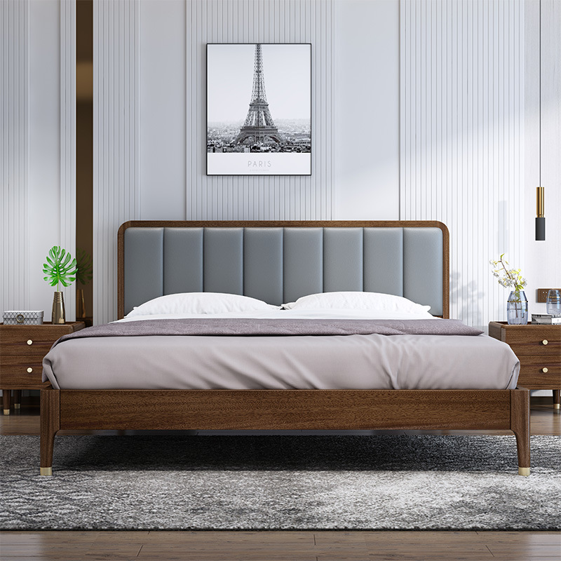 Nordic furniture walnut solid wood bed modern simple light luxury soft bed Nordic furniture walnut solid wood bed modern simple light luxury soft bed
