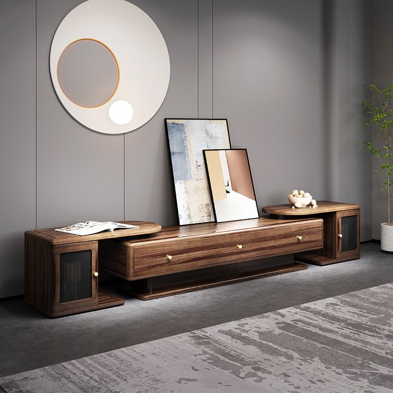 New Chinese black walnut film and television cabinet floor cabinet retractable storage TV cabinet New Chinese black walnut film and television cabinet floor cabinet retractable storage TV cabinet