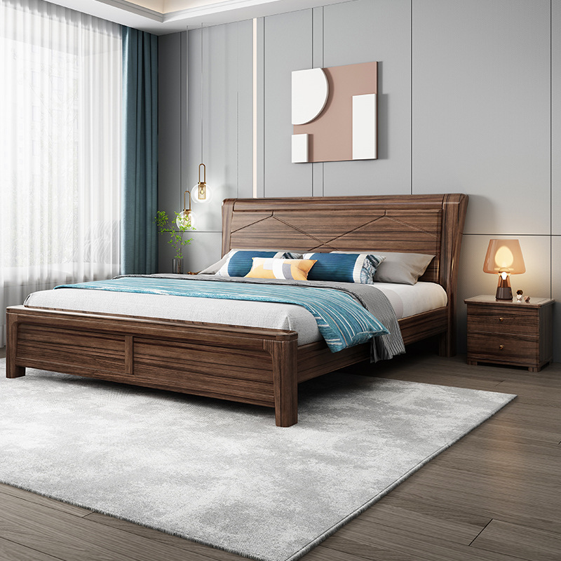 New Chinese furniture walnut solid wood bed modern simple double bed New Chinese furniture walnut solid wood bed modern simple double bed