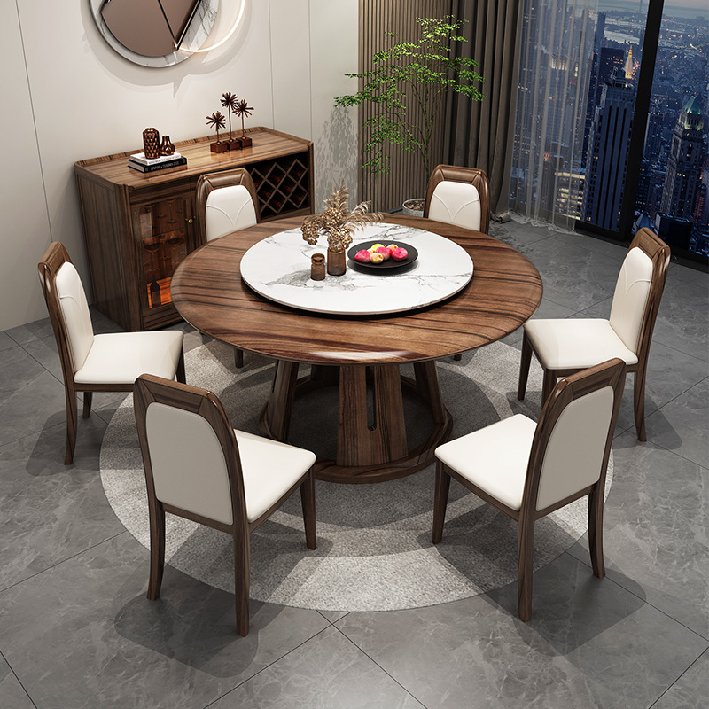 New Chinese furniture South American black walnut solid wood table round dining table and chair combination New Chinese furniture South American black walnut solid wood table round dining table and chair combination