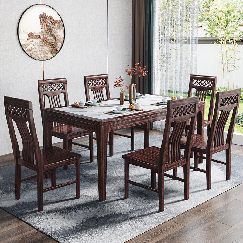 Solid wood dining table and chair combination of new Chinese Ujin wood rock plate rectangular dining table high-end restaurant furniture Solid wood dining table and chair combination of new Chinese Ujin wood rock plate rectangular dining table high-end restaurant furniture