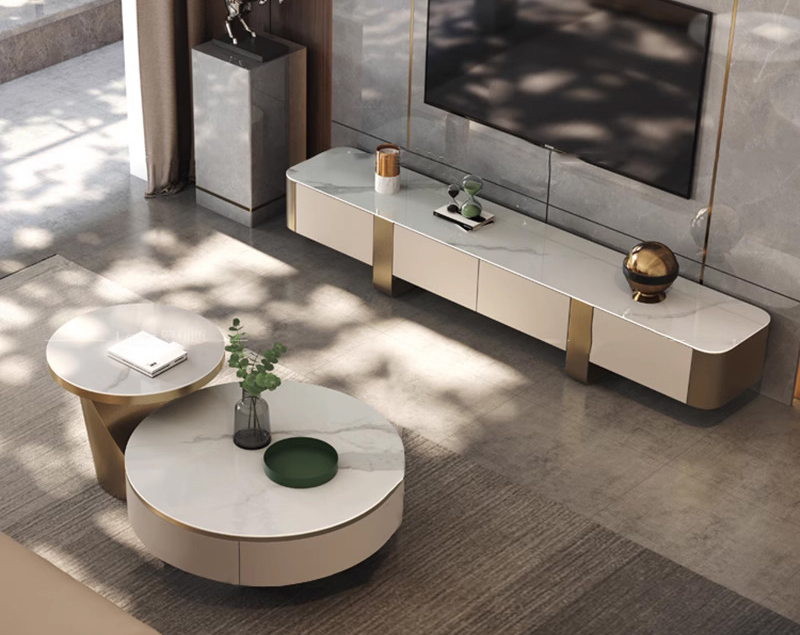 Simple light luxury rock panel round coffee table combination of modern living room TV cabinet complete with high floor cabinet Simple light luxury rock panel round coffee table combination of modern living room TV cabinet complete with high floor cabinet