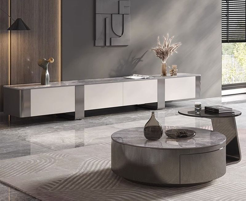 Italian light luxury modern simple rock plate round coffee table with drawer creative TV cabinet living room Italian light luxury modern simple rock plate round coffee table with drawer creative TV cabinet living room