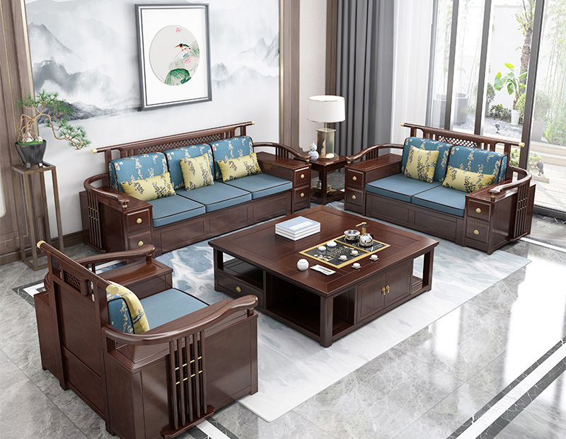 Light luxury new Chinese solid wood sofa winter and summer dual-use storage antique fabric sofa