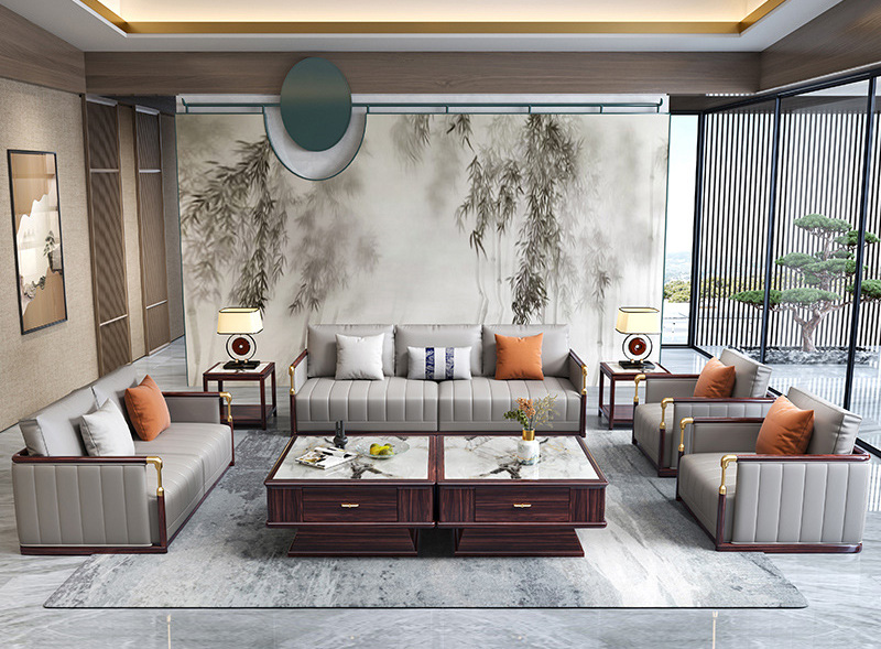 New Chinese ebony leather sofa all solid wood modern light luxury sofa combination New Chinese ebony leather sofa all solid wood modern light luxury sofa combination