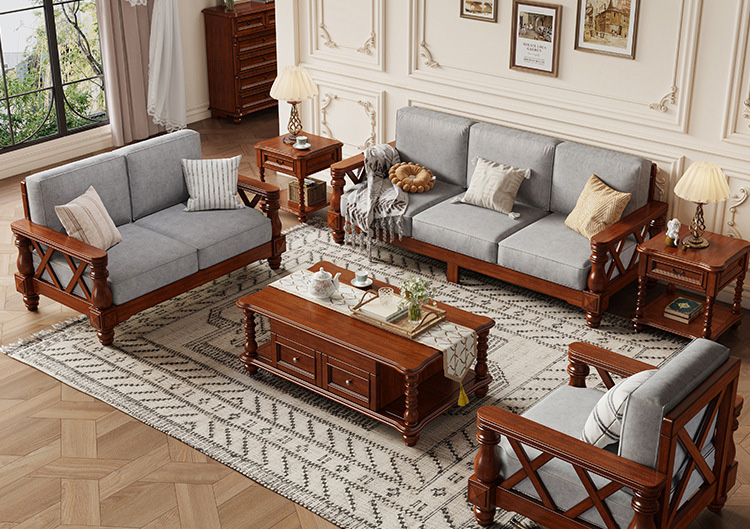 American solid wood sofa retro country fabric sofa simple three-seat sofa American solid wood sofa retro country fabric sofa simple three-seat sofa
