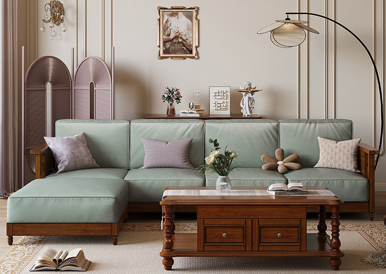 American retro corner sofa country simple solid wood leather sofa living room straight rows of concubine sofa American retro corner sofa country simple solid wood leather sofa living room straight rows of concubine sofa