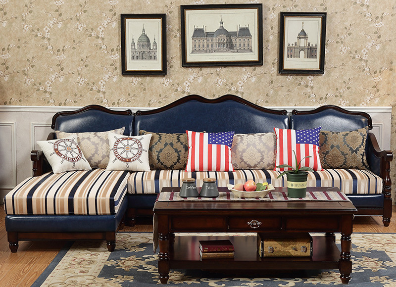 American solid wood sofa L-shaped imitation ancient Roman column leather fabric corner sofa American solid wood sofa L-shaped imitation ancient Roman column leather fabric corner sofa