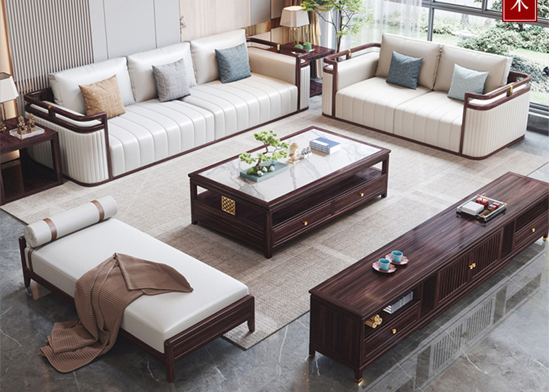 New Chinese walnut solid wood sofa modern simple leather art Chinese style furniture New Chinese walnut solid wood sofa modern simple leather art Chinese style furniture