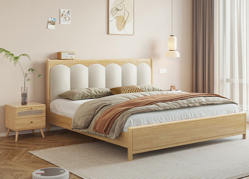Nordic furniture solid wood bed soft package wood color double bed modern simple pressure storage high box Nordic furniture solid wood bed soft package wood color double bed modern simple pressure storage high box