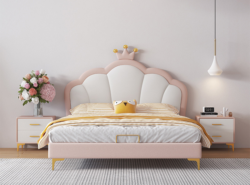Children's furniture Light luxury children's Nappa leather bed Modern simple technology cloth fabric bed small bed pink bed Children's furniture Light luxury children's Nappa leather bed Modern simple technology cloth fabric bed small bed pink bed