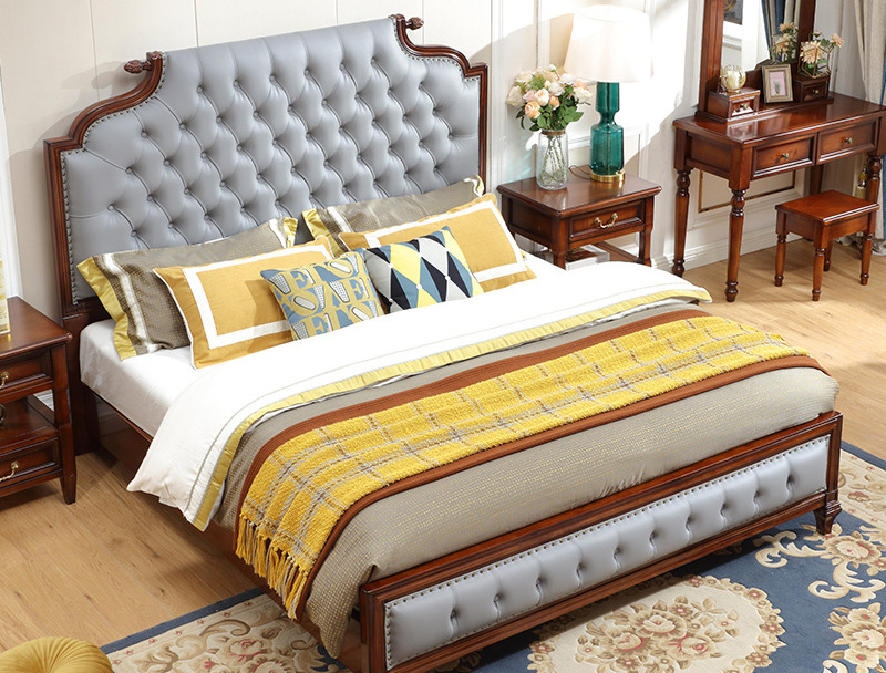 American furniture American solid wood big bed light luxury simple soft bag leather princess bed