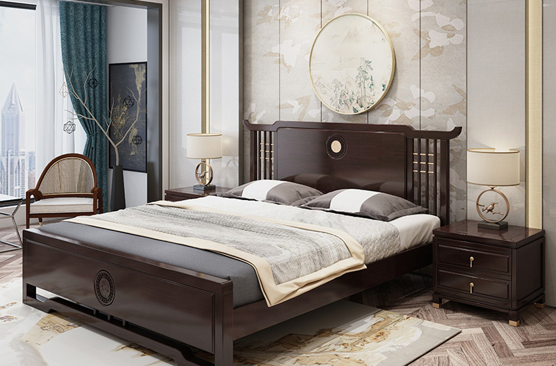 New Chinese solid wood bed Zen Chinese style Master bedroom double storage bed 1.5 meters small apartment type wedding bed New Chinese solid wood bed Zen Chinese style Master bedroom double storage bed 1.5 meters small apartment type wedding bed