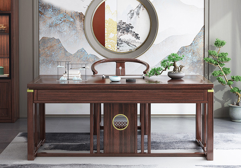 New Chinese style desk gold wire sandalwood desk light luxury painting desk all solid wood simple office computer desk New Chinese style desk gold wire sandalwood desk light luxury painting desk all solid wood simple office computer desk