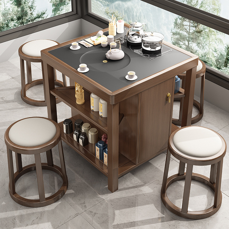 New Chinese style balcony solid wood small tea table tea table one table two chairs with storage small apartment kung fu living room tea combination New Chinese style balcony solid wood small tea table tea table one table two chairs with storage small apartment kung fu living room tea combination