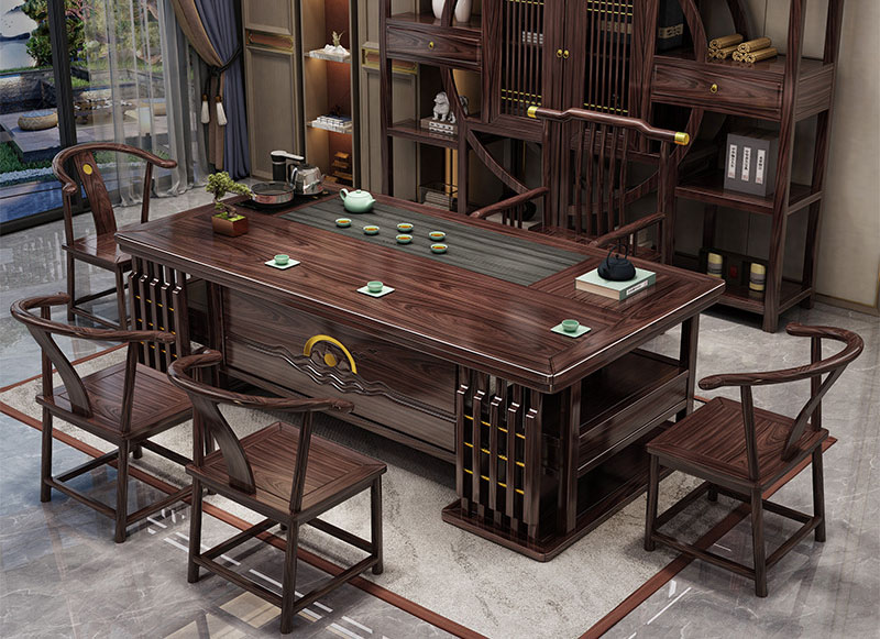 New Chinese solid wood tea table and chair combination golden rosewood office tea table kettle embedded kung fu tea table
