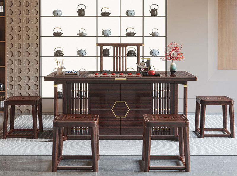 New Chinese Ujin wood tea table and chair combination Zen modern simple household solid wood tea table kettle one set