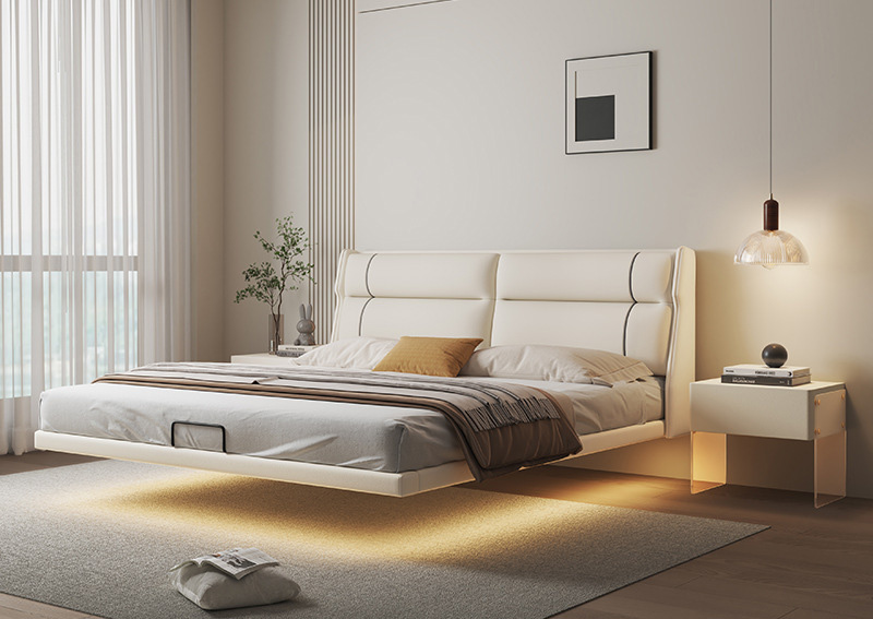 Floating bed induction light bar modern simple master bedroom big bed light luxury double bed network red wind high-end atmosphere leather bed Floating bed induction light bar modern simple master bedroom big bed light luxury double bed network red wind high-end atmosphere leather bed